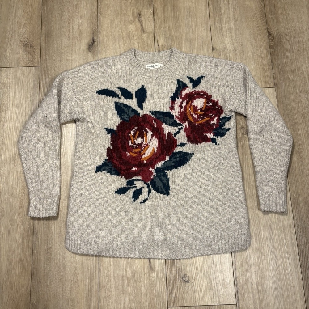 Abercrombie and Fitch Sweater Knit Roses Flowers Size Extra Small - Oatmeal - Picture 1 of 7